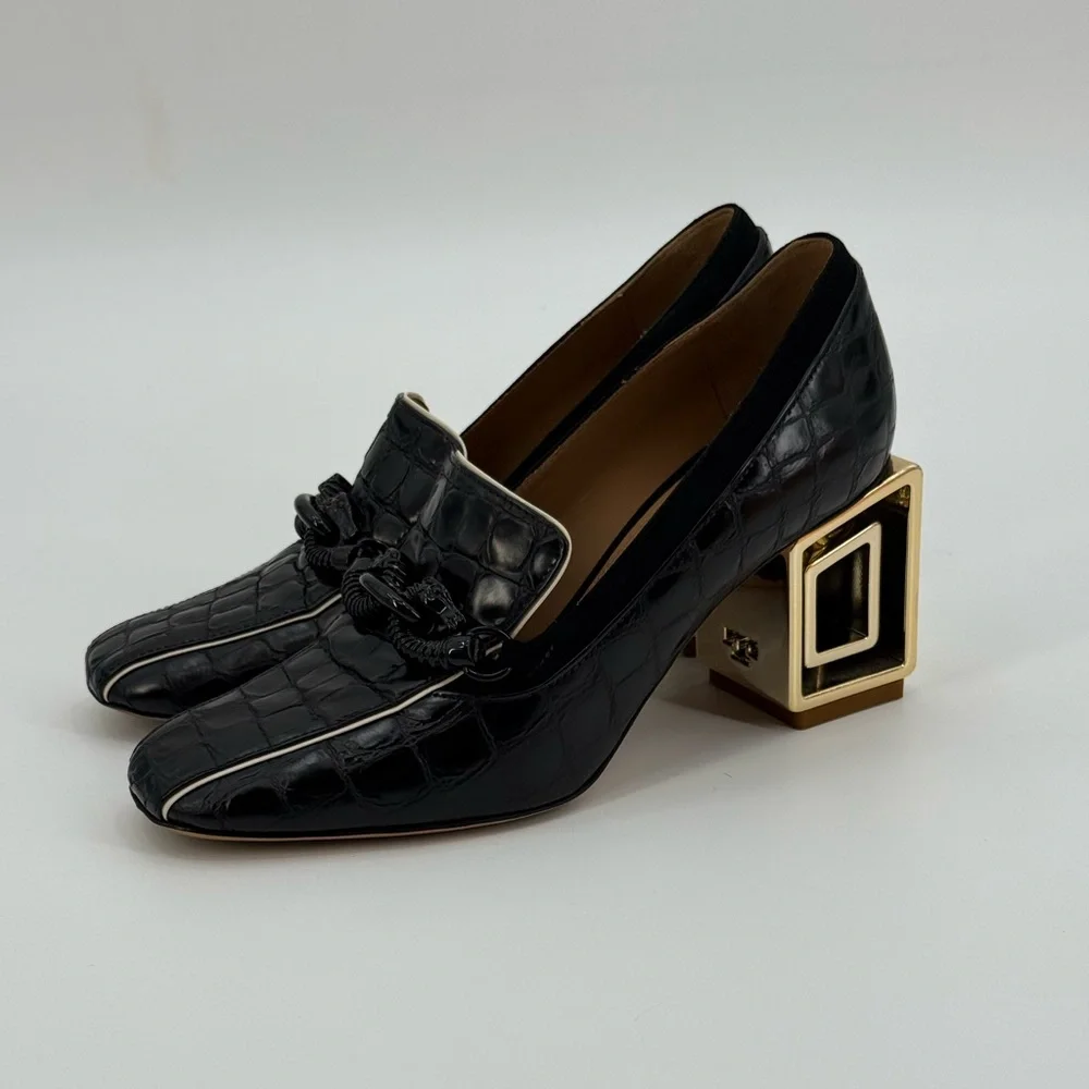 Tory Burch Jessa Black Croc Texture Square Toe Loafers Gold Architectural Heel